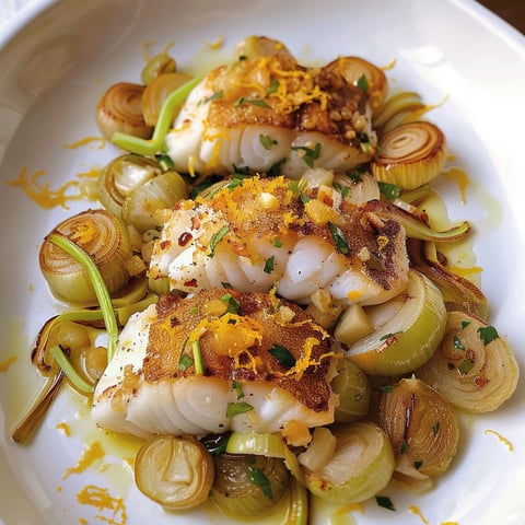 Filet de poisson à l'orange, servi avec fenouil et morceaux de poireaux fondants sur une belle assiette blanche.
