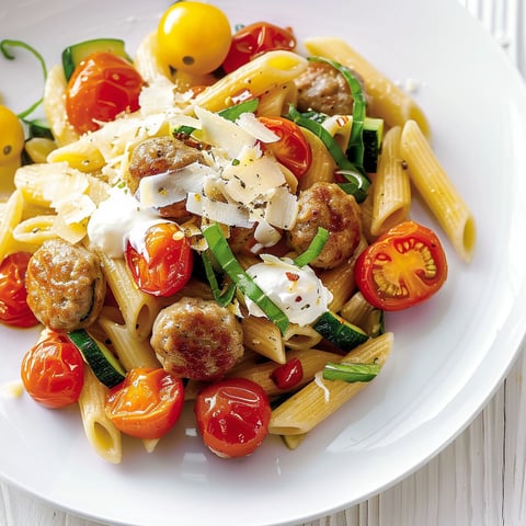 Assiette de penne aux tomates et saucisse italienne.