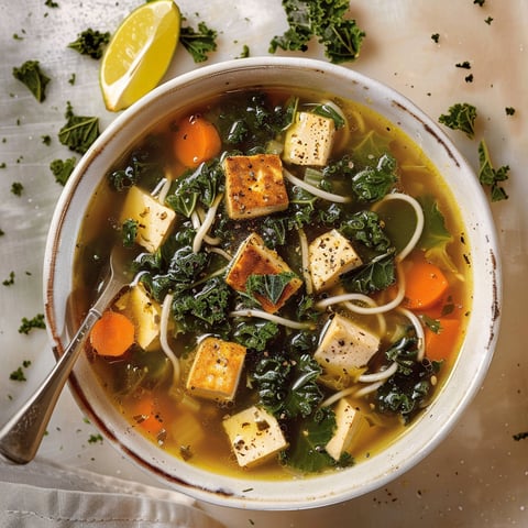 Un bol rempli d'une soupe onctueuse de tofu et kale.