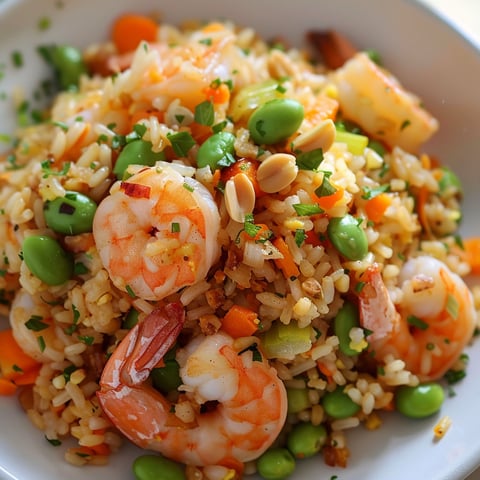 Un riz sauté gourmand avec des edamame et des crevettes, présenté dans un joli bol blanc.