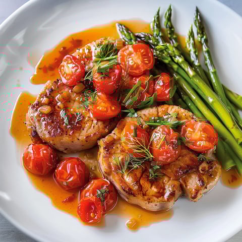 Assiette de porc avec tomates et asperges, nappée d’une sauce parfumée.