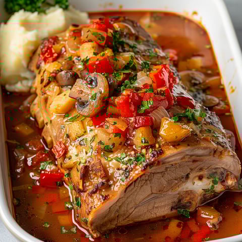 Porc braisé parfumé aux champignons et tomate, accompagné de pommes de terre et légumes verts.