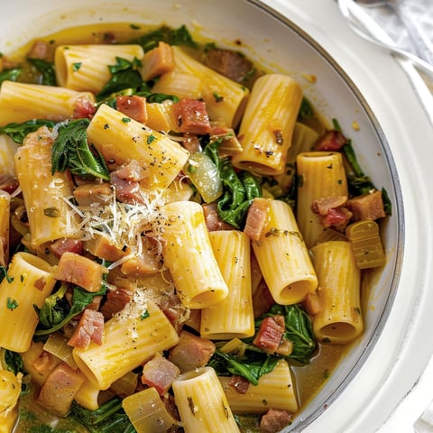 Rigatonis au porc, citron et épinards - un plat délicieux et coloré avec des pâtes amusantes, du porc tendre, des épinards et une touche citronnée.