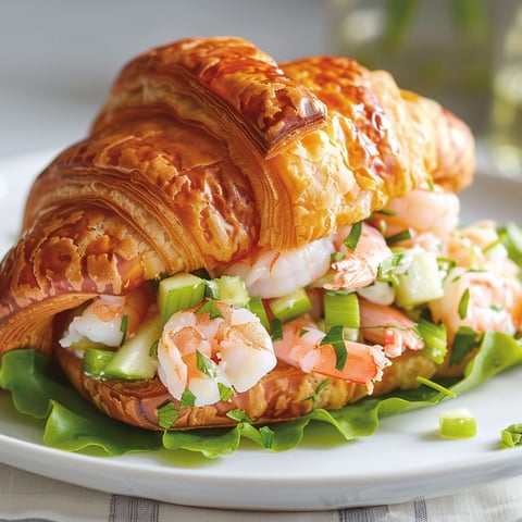 Un croissant savoureux aux crevettes nordiques présenté sur un plateau élégant.