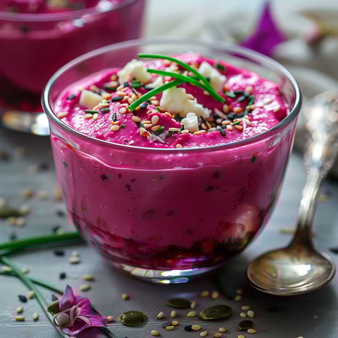 Une verrine garnie de mousse à la betterave et à la feta, parsemée de graines et herbes fraîches, posée sur une table.