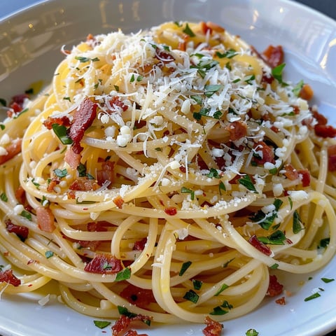 Plat de spaghettis garnis de bacon croquant, de piment et de fromage pecorino, présenté sur un plateau.