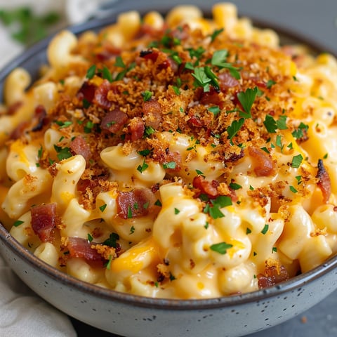 Un plat de macaroni gratiné sous une couche de bacon croustillant et d’herbes fraîches.