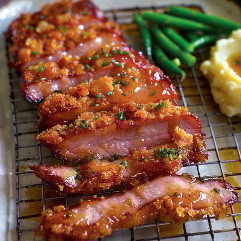 Filets de porc caramélisés au bacon, avec une garniture d'herbes fraîches, accompagnés de légumes verts et pommes de terre.