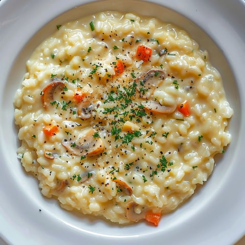 Plat onctueux de risotto au parmesan et carotte, accompagné de champignons frais et d'herbes savoureuses.