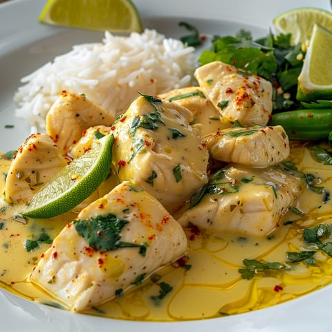 Assiette de poisson tendre avec du riz et une rondelle de lime.