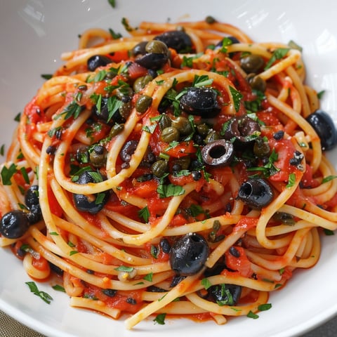 Un plat de spaghetti nappé de sauce puttanesca, accompagné d'olives et d'herbes fraîches.