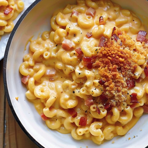 Un plat de macaroni nappé de sauce au fromage avec des morceaux de pancetta et une touche de vodka, présenté sur une table.