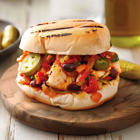 Sandwich au poisson et légumes avec sauce tomate épicée.