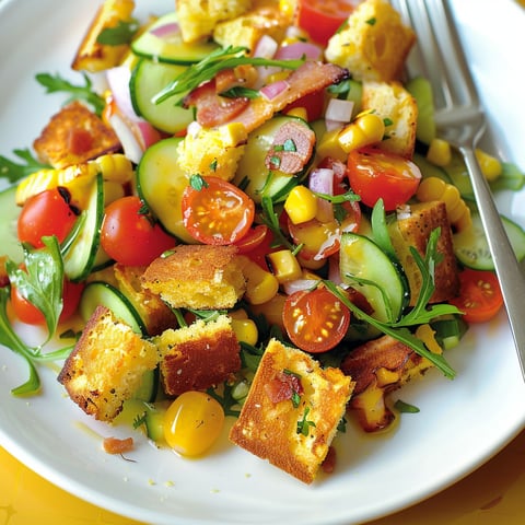 Salade fraîche de panzanella au pain de maïs, avec des tomates, bacon grillé et légumes variés.