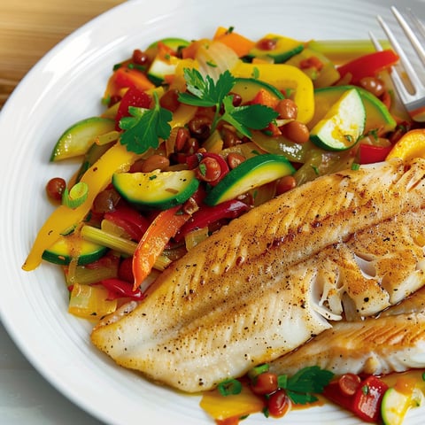 Une poêle contenant des légumes dorés accompagnant un filet de tilapia.
