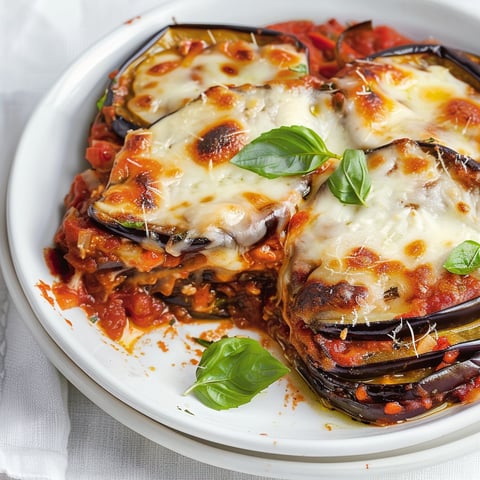 Un gratin savoureux d’aubergines parmigiana servi sur un plateau.