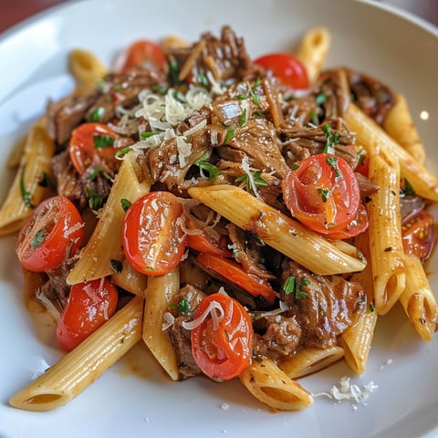 Un plat de pâtes réconfortantes avec bœuf mijoté, oignons tendres, tomates et herbes fraîches.