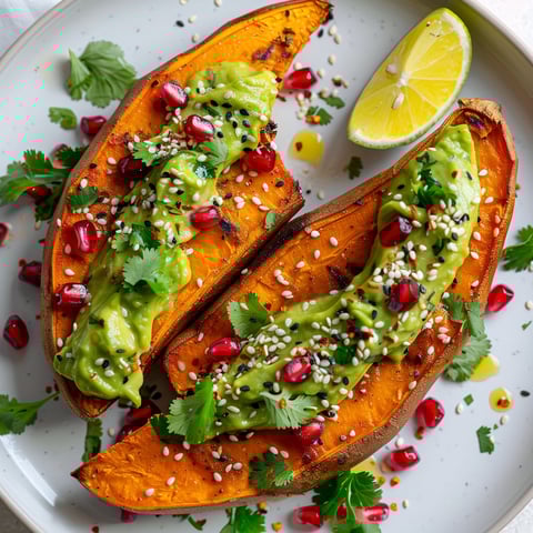 Des patates douces rôties généreusement accompagnées d’une sauce avocat citronnée.