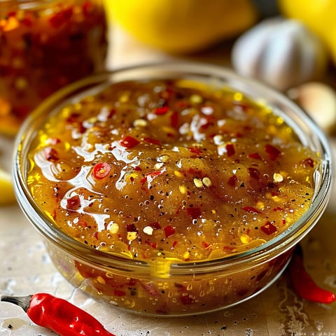 Un bol contenant une sauce douce et relevée au miel et citron.