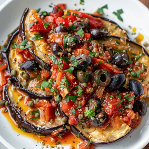 Un plat gourmand d’aubergines cuites avec tomates, olives et aromates, idéal pour une expérience méditerranéenne en famille.