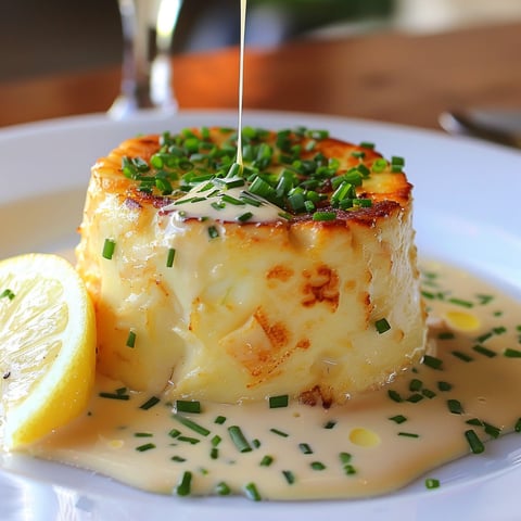 Flan au crabe accompagné d'une sauce ciboulette et d'un citron frais.