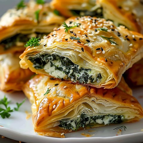 Chaussons feuilletés aux Épinards et Feta, savoureux et délicats, présentés sur une belle assiette blanche.