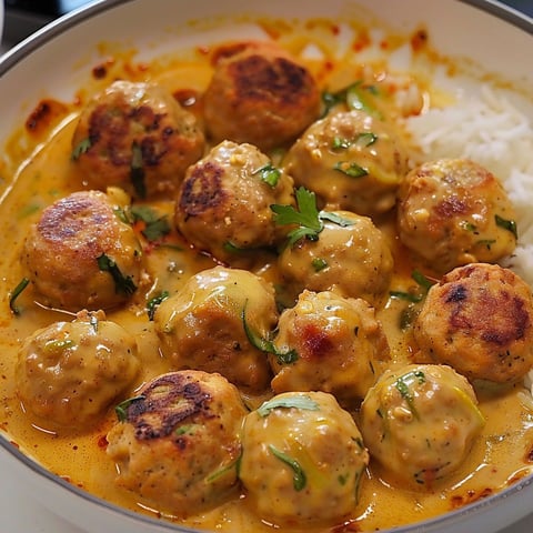 Boulettes savoureuses au poulet enrobées de sauce coco et cari épicé.