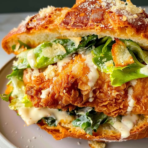 Un croissant garni de poulet croustillant et de salade César posé sur une assiette.