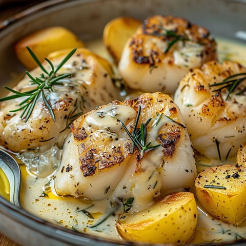 Un plat appétissant de cabillaud et de pommes de terre nappés de crème au romarin, présenté dans une jolie assiette.