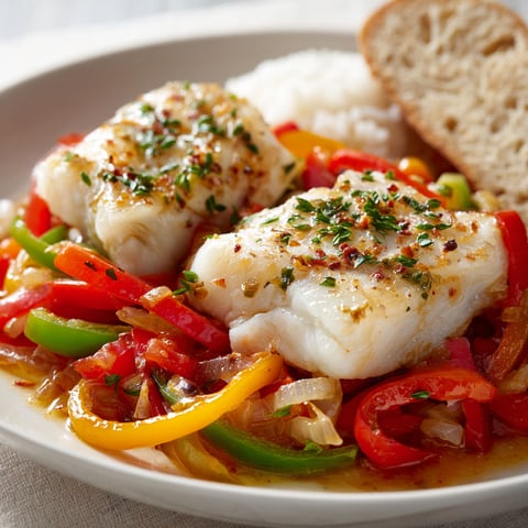Assiette de cabillaud basquaise avec poivrons et baguette.