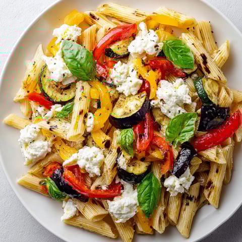 Un délicieux mélange de pâtes accompagnées de légumes grillés et garnies de ricotta, présenté sur une table.