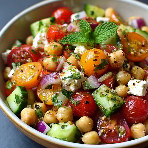 Une salade estivale réunissant pois chiches, tomates, concombre et herbes, relevée d'une vinaigrette citronnée.