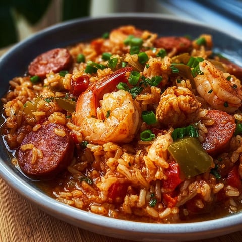 Délicieux jambalaya à la Louisiane avec crevettes, légumes et herbes fraîches.