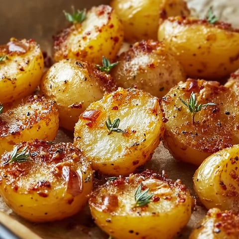 Plat appétissant de pommes de terre rôties au thym et à la moutarde.