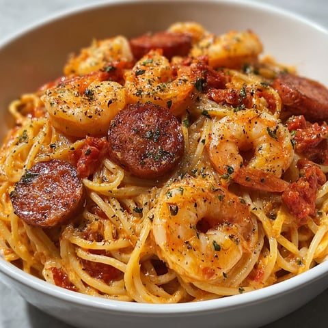 Délicieux spaghetti crémeux aux crevettes et chorizo pour un repas convivial.