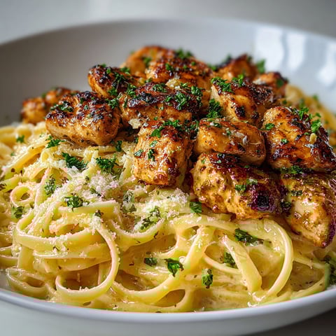 Un plat généreux de linguines avec une sauce crémeuse au beurre citronné et poulet moelleux, garni de persil.