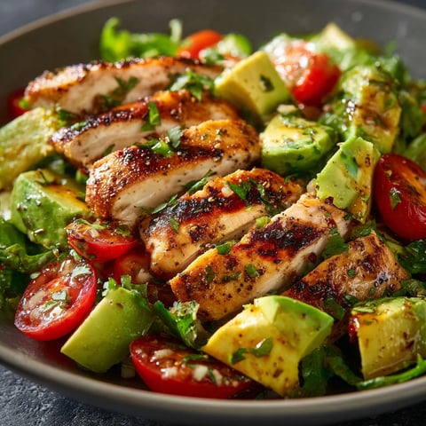 Un mélange coloré d'avocat et poulet grillé avec tomates et herbes fraîches.