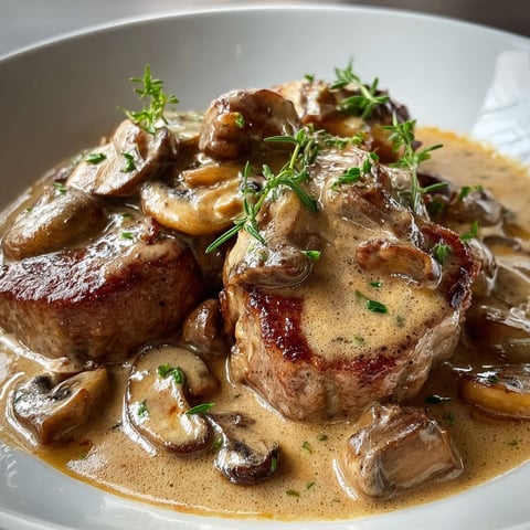 Des médaillons de porc cuisinés à la crème et aux champignons dans une belle assiette blanche.