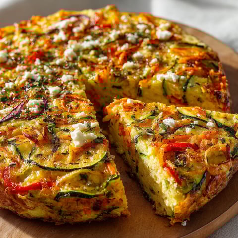 Une délicieuse tarte aux courgettes combinée avec des légumes, cuite à la poêle, servie élégamment.