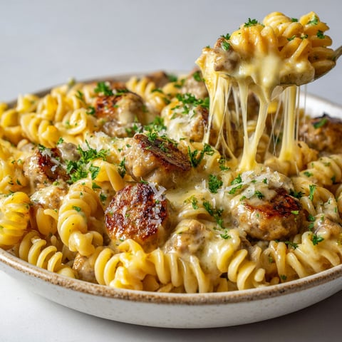 Cocotte fumante de pâtes rotini avec poulet, saucisse cheddar et une touche d'herbes fraîches.