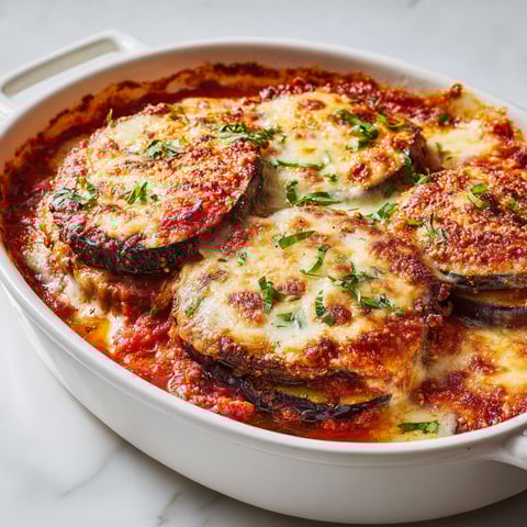 Des aubergines gratinées à l’italienne dans un plat en porcelaine.