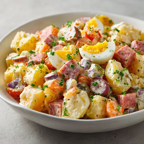 Un bol rempli de salade piémontaise délicieusement garnie de légumes et de charcuterie.