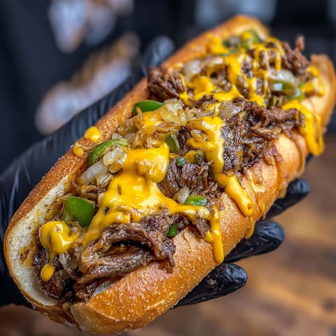 Un sandwich au bœuf grillé et fromage fondu est présenté dans une main.