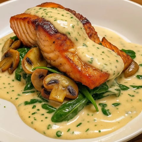 Saumon au beurre à l'ail et champignons, accompagné d'épinards, sur un plateau.