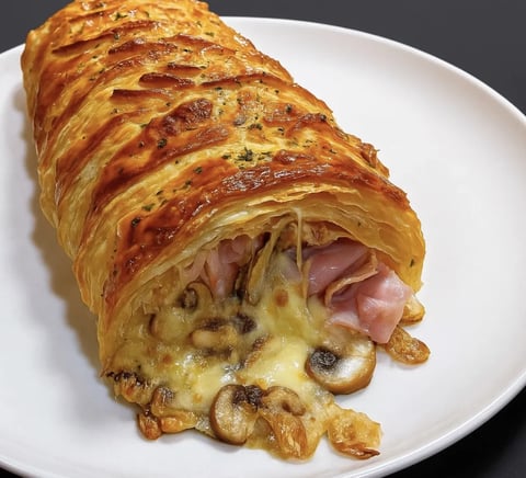 Une feuilletée aux champignons et jambon est servie sur un plateau.
