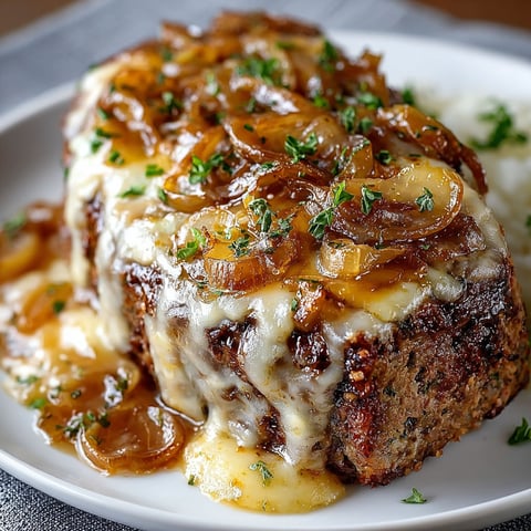 Une recette de Pain de Viande aux Oignons Confits et Gruyère Fondu à la Mijoteuse est servie sur un plateau.
