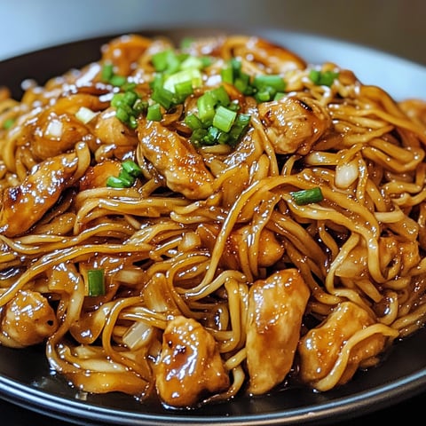 Une assiette de Lo Mein au Poulet et à l'Ail, avec des morceaux de poulet et des herbes vertes.