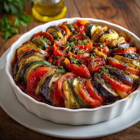 Une ratatouille au four est servie dans un bol blanc sur une table.