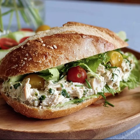 Une sandwich de poulet et de laitue sur une planche de bois.