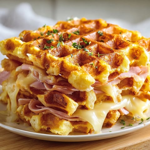 Une pile de gaufres salées croustillantes au jambon et fromage.